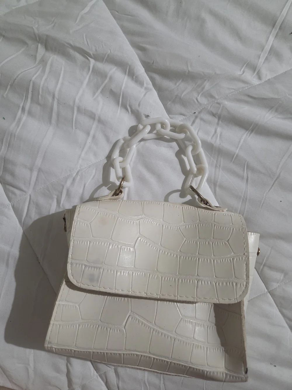 White Croc-Embossed Chain Handle Shoulder Bag